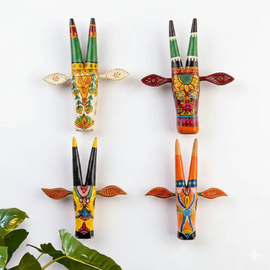 Handcrafted Wooden Ivory Cow Wall Decor | Hand-Painted Folk Art Wall Hanging