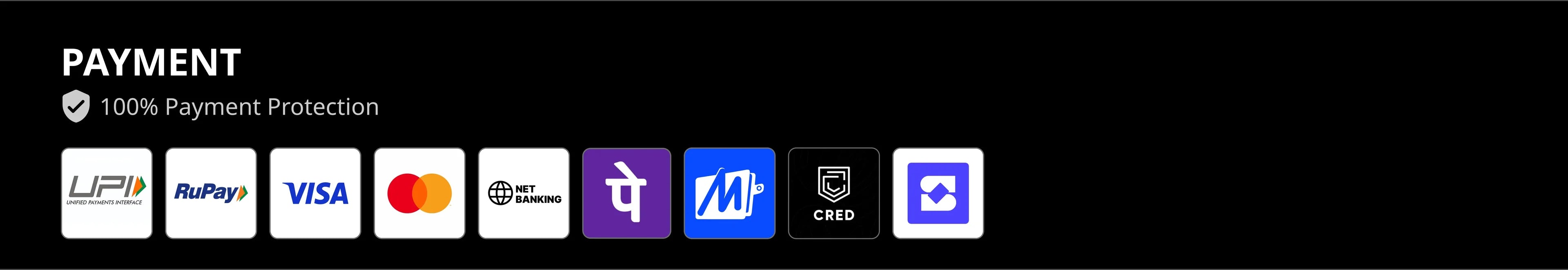 Secure payment methods including UPI, RuPay, Visa, Mastercard, PhonePe, Paytm, Mobikwik, and credit cards