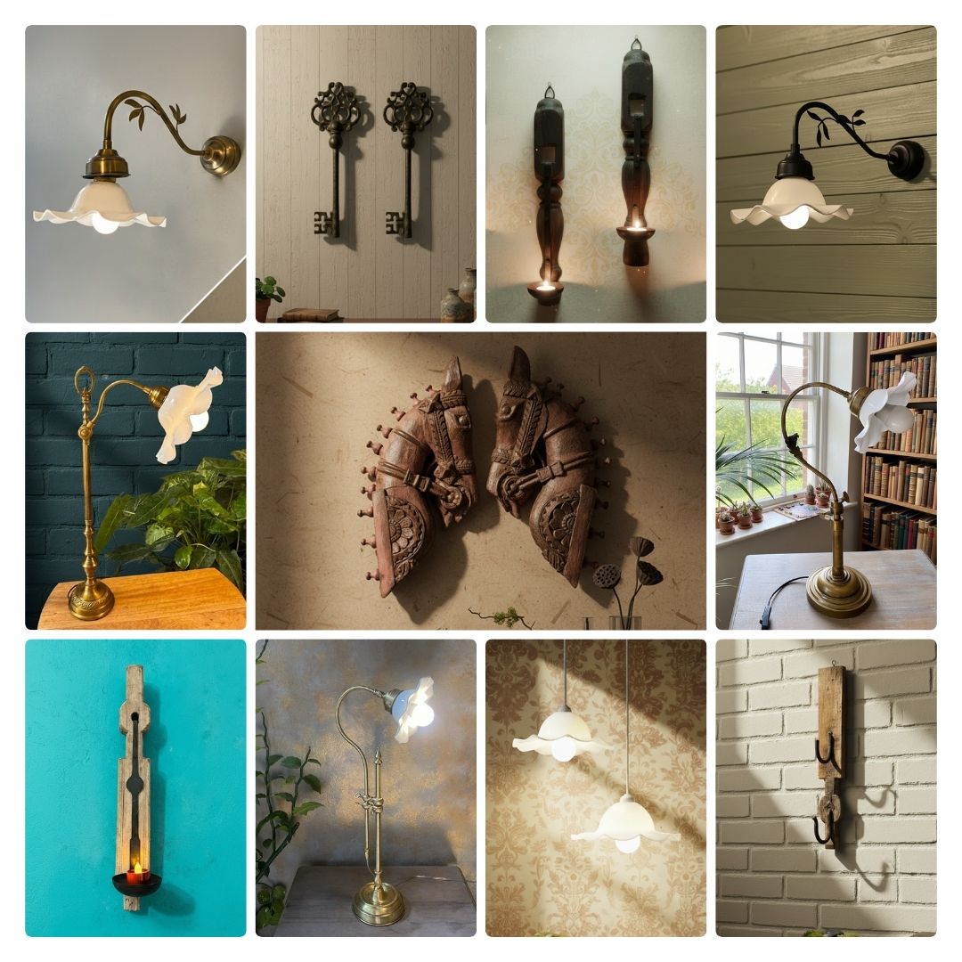 Collection of antique-style wall lights and vintage brass home décor displayed in a modern interior setting